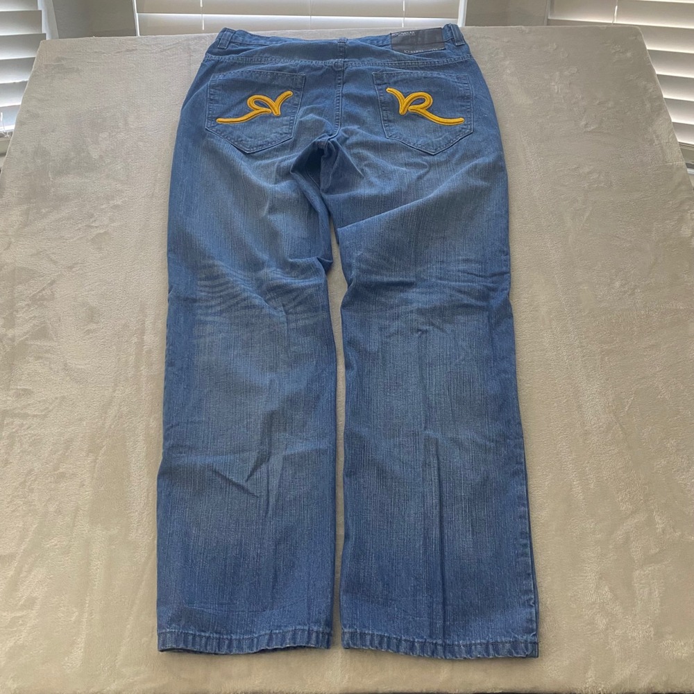 Rocawear Mens Baggy Denim Jeans Blue Yellow Logo Size 38 Hip Hop Streetwear